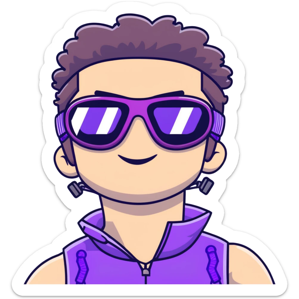 close-up of cool guy male athlete with white skin and moderately curly dark brown hair on top with shaved sides, wearing ski goggles with purple frames and very dark black lenses, winking behind the goggles, with an open mouth confident smile like a cool guy, a simple plain black chain necklace, and a completely unzipped sleeveless vest with purple and black sequin fire pattern design with no logo sticker