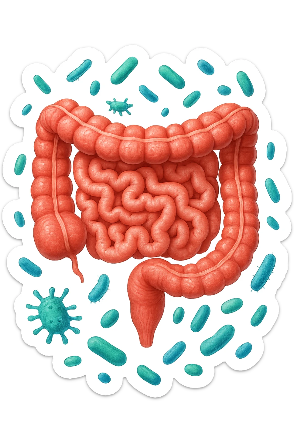 intestino umano anatomico con qualche batterio intestinale che gli fluttua intorno, ISOLATO SU SFONDO BIANCO sticker