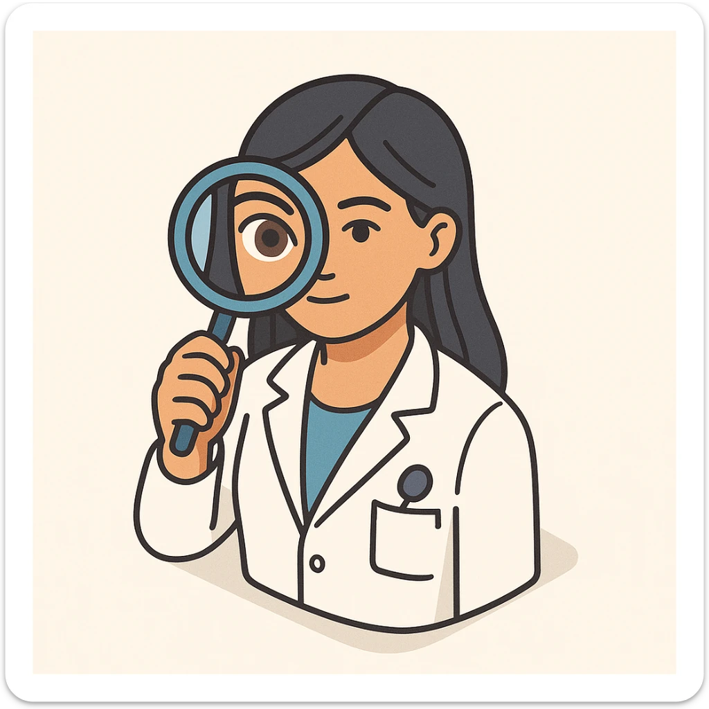 front view of a female doctor with dark long straight hair, detailed brown eyes (not dots), wearing a white coat, looking straight at the camera through a magnifying glass, one eye enlarged and distorted like a fisheye lens, minimalist background, 2D isometric style sticker