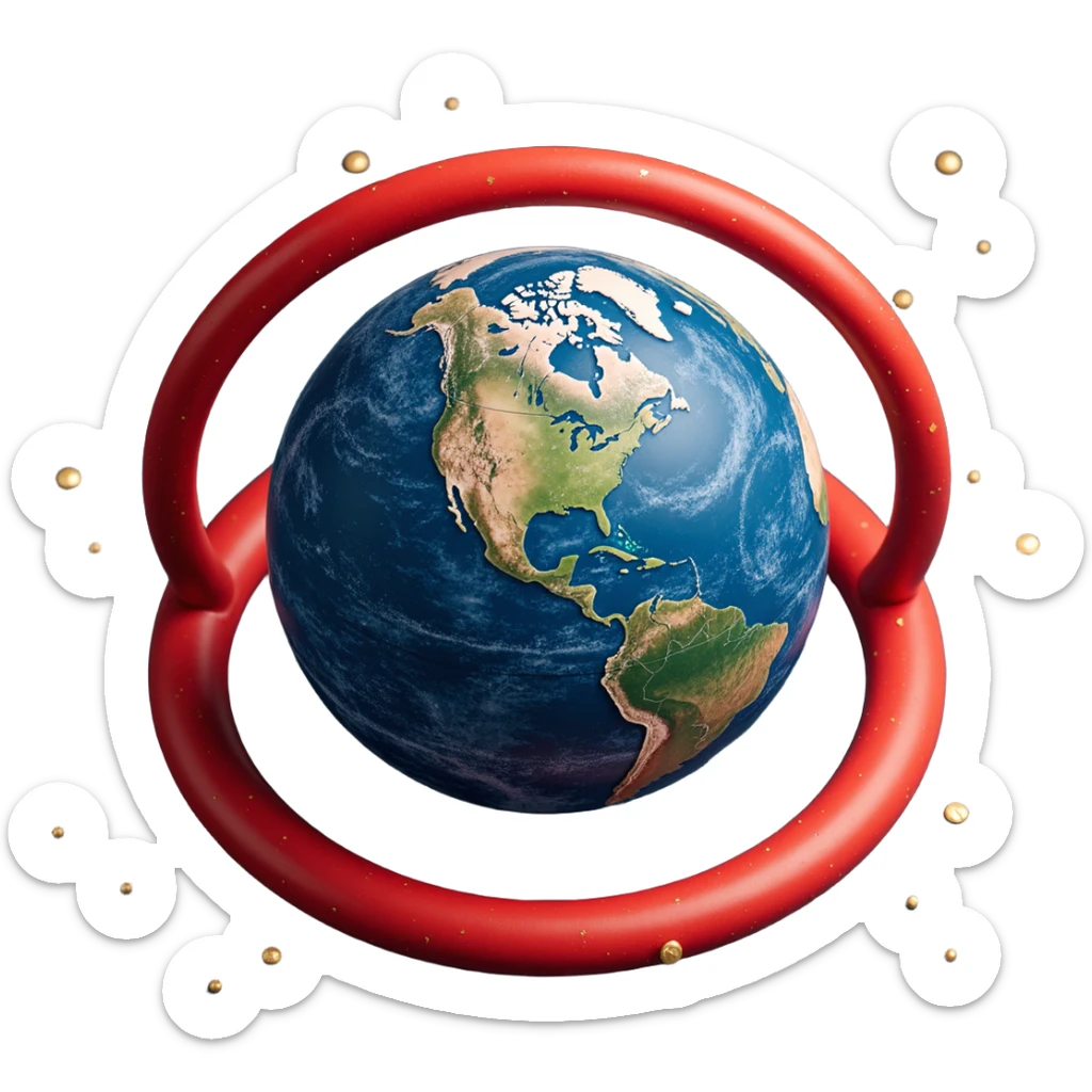 a realistic marble patterned like the Earth, with a red circle of constellations and stars around it, skeuomorphism style sticker