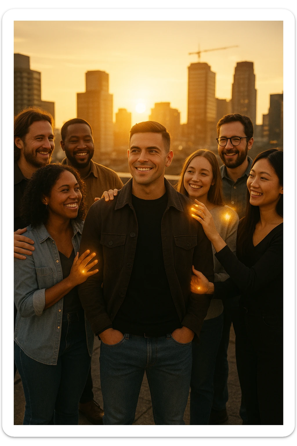 A cinematic scene of a man in his early 30s standing at the center of a sunlit urban rooftop during golden hour, surrounded by a diverse group of supportive, smiling people — friends, mentors, colleagues. They’re standing slightly behind or beside him, hands on his shoulder or gesturing toward him with encouragement. The man looks forward with a confident, inspired expression, body slightly relaxed, as if something inside di lui sta cambiando. The light behind the group forms a halo effect, emphasizing warmth and unity. Subtle visual symbolism: faint glow around their hands and hearts, suggesting their energy is uplifting him. Realistic clothing, modern style — jeans, T-shirts, casual jackets. The mood is inspiring, grounded, and full of potential. Shot in 35mm film style, with rich warm tones, shallow depth of field, and vibrant human detail. sticker