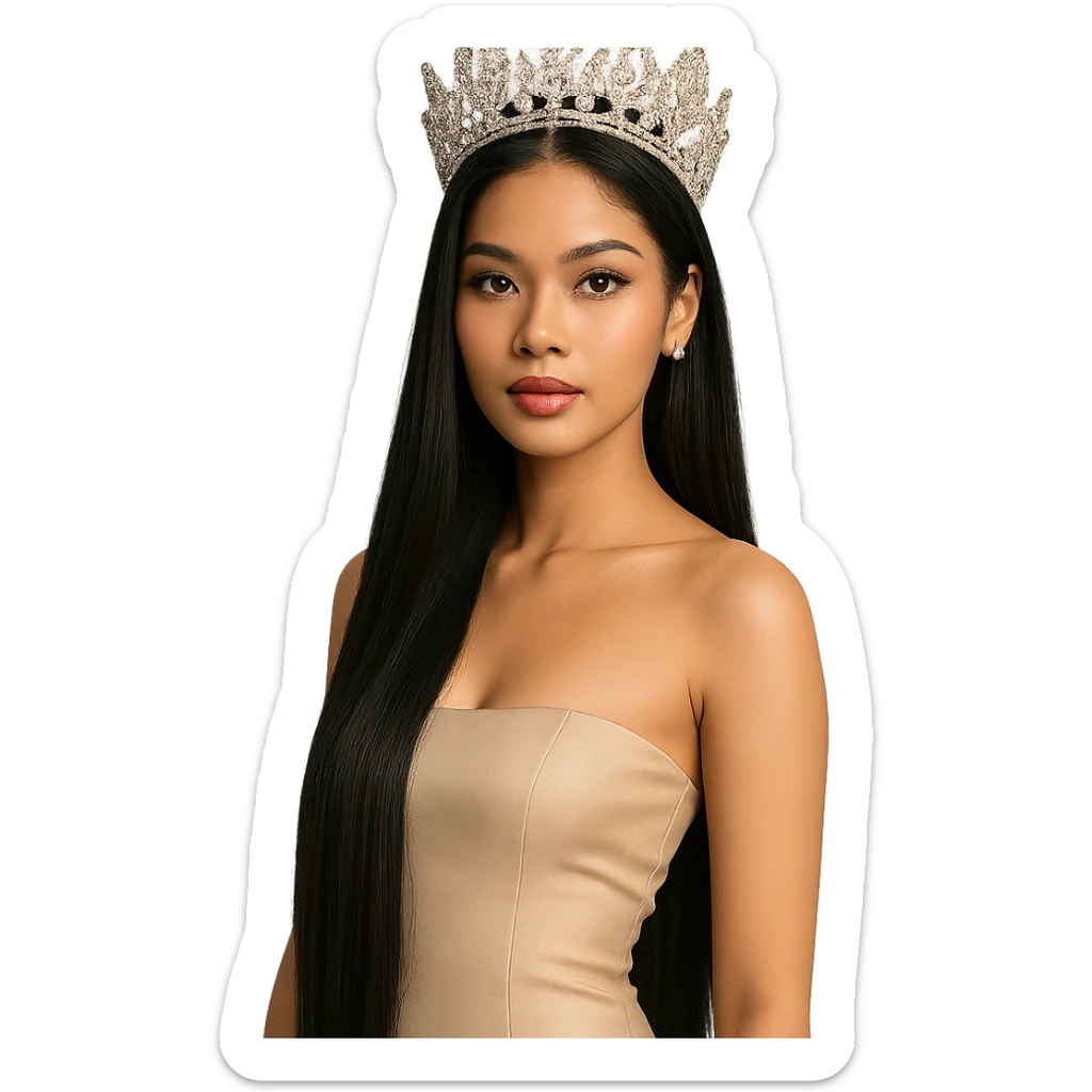 South East Asian beauty queen with extremely long straight black hair, wearing a crown sticker