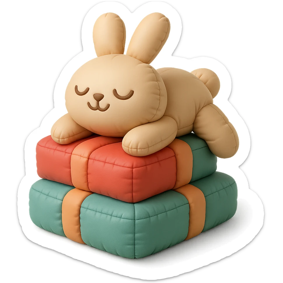 bunny lying on birthday gifts, sleepy and happy smile eyes, cushion style sticker