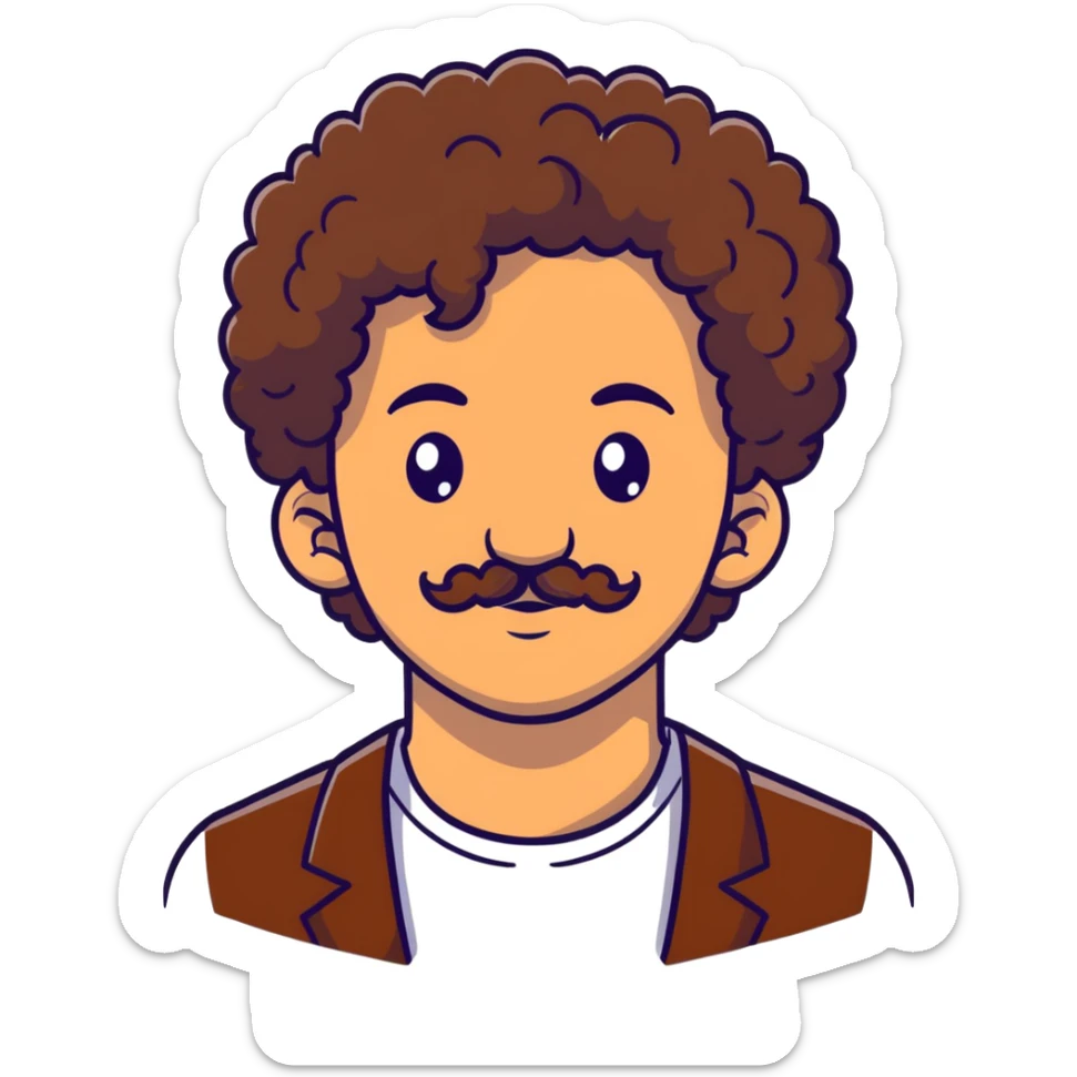 white guy with brown hair and a slight mustache with brown eyes and earrings and fluffy curly hair sticker