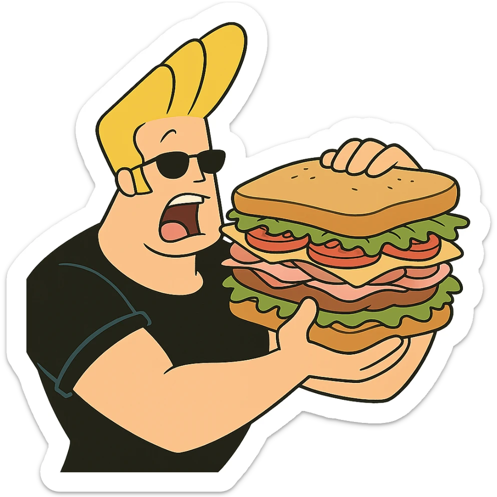 johnny bravo cartoon character, eating a giant sandwich, cartoon style sticker