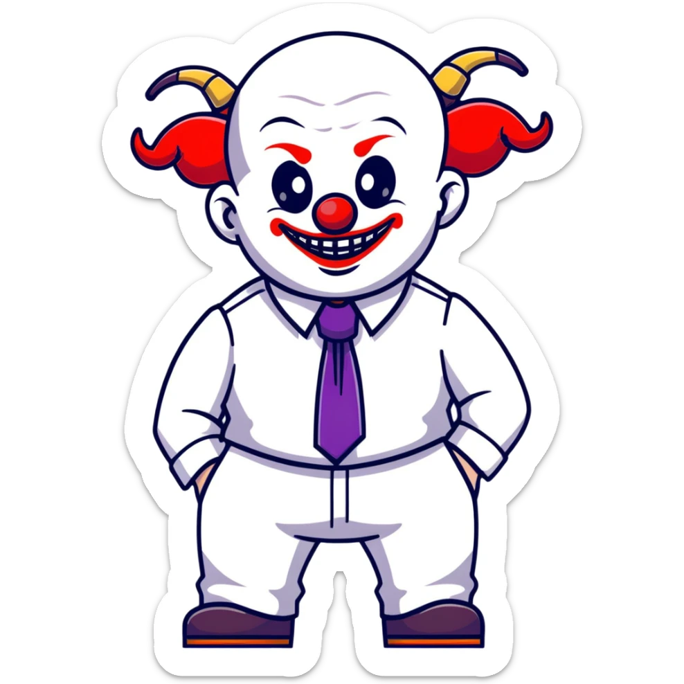 full-body demonic clown in a white leisure suit with bellbottom pants, bald, black ram horns, elevator shoes, flashy belt, ruffled shirt, colorful tie sticker