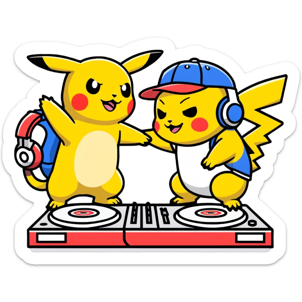 Hot handsomeb muscular 6ft tall smiling happy clean shaven ash ketchum being a  dj and his music rocks while kissing pikachu sticker