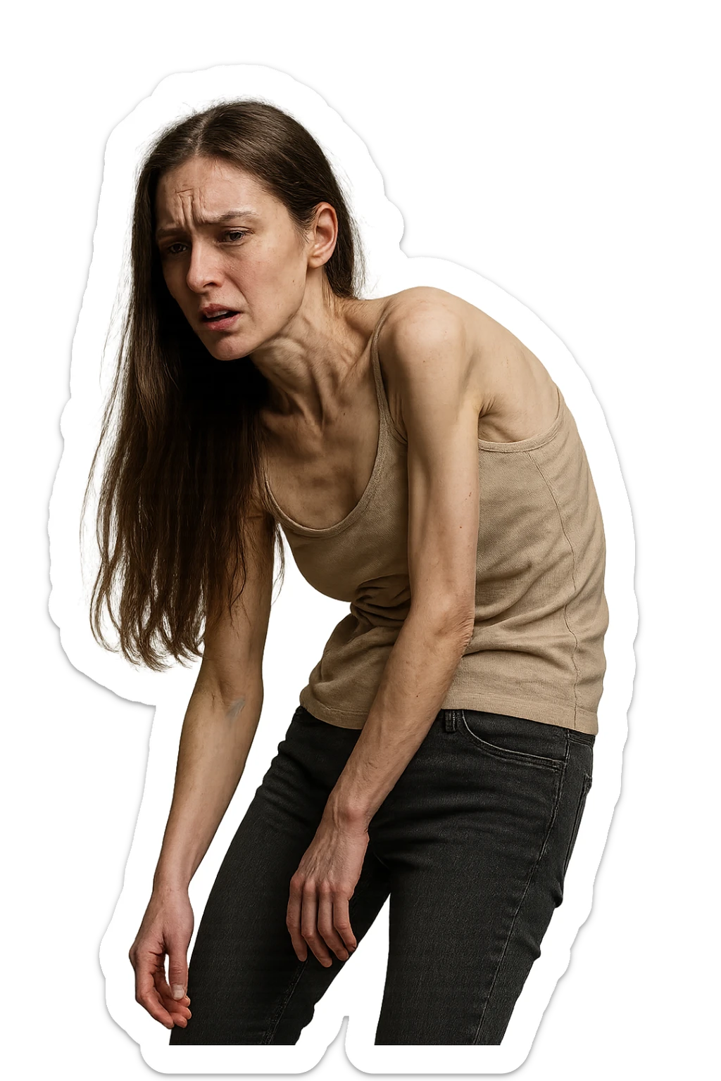 fai immagine identica ma di una donna con capelli lunghi, iperrealistico 4k, postura storta con spina dorsale storta sticker