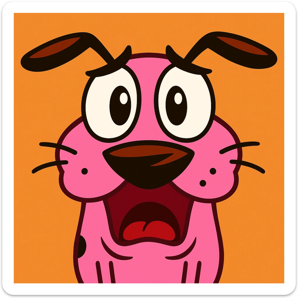 Courage the Cowardly Dog as an emoji, pink dog with big eyes, expressive face, vibrant toon cartoon style sticker