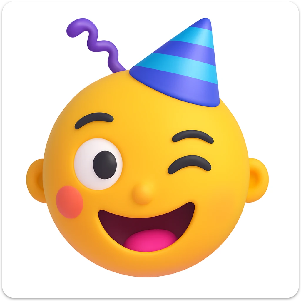Make the winking face emoji wear a party hat in a style similar to 3d-emoji sticker