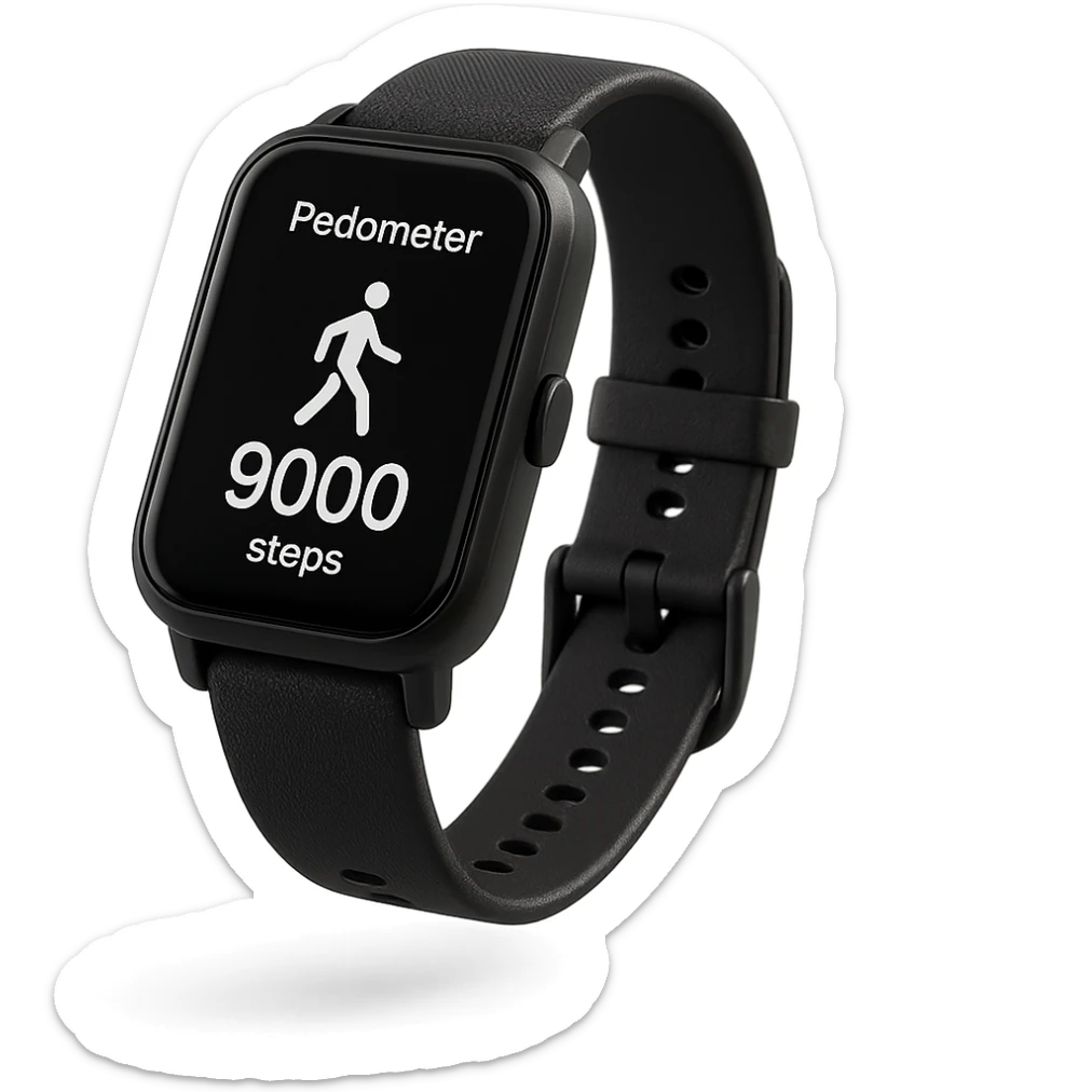 orologio contapassi che segna 9.000 passi sul display, fluttua in aria, iperrealistica 4k, isolato su sfondo bianco sticker