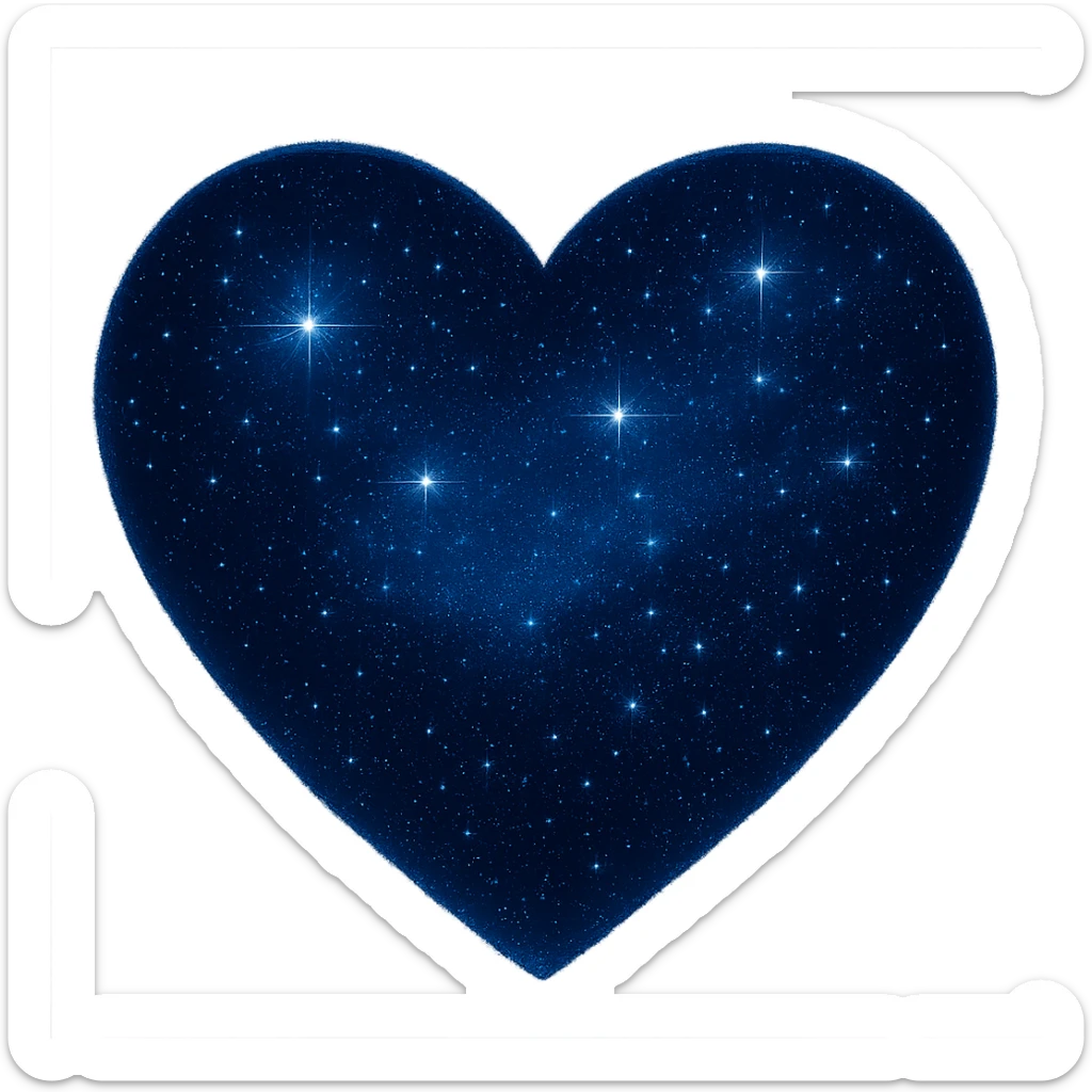 Add more stars to the midnight heart, keep the deep blue and black colors, glowing effect, no background. Maintain the style and glowing effect of the original image. sticker