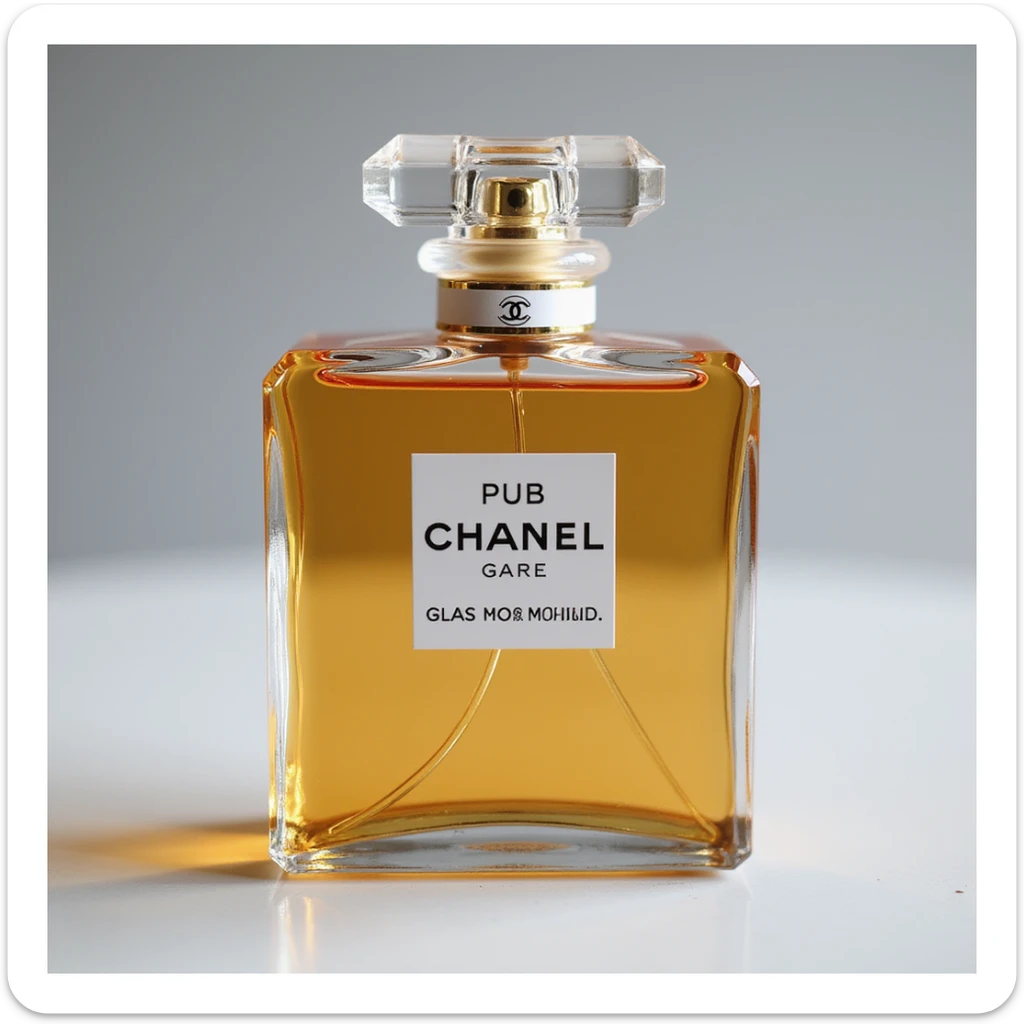 realistic Chanel perfume bottle with gold accents, detailed glass, photorealistic style, minimal background sticker