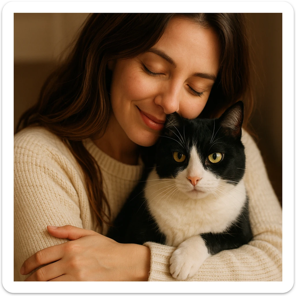a woman in a cream sweater with long brown hair with highlights hugging a black and white cat, warm and affectionate scene sticker
