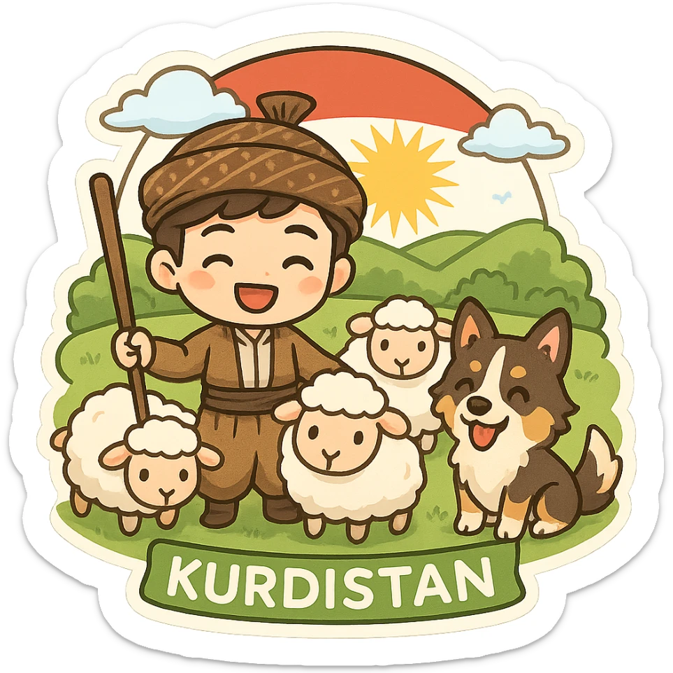 cartoon sticker of a Kurdish shepherd wearing traditional clothes, with sheep and a herding dog, in a lush green pasture of Kurdistan, joyful rural scene, no text, suitable for WhatsApp and Instagram sticker