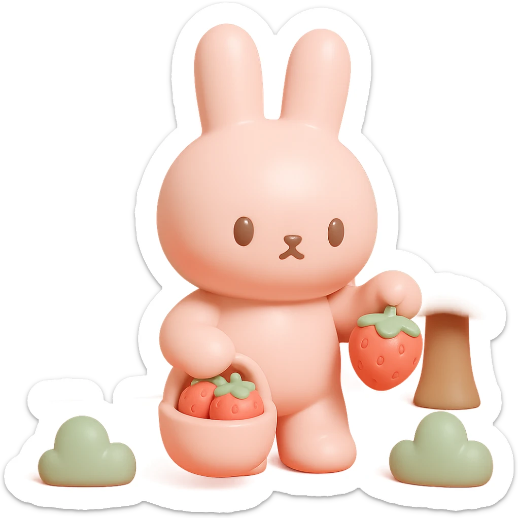 bunny picking strawberries in the woods, sweet pastel red, vinyl figure style sticker