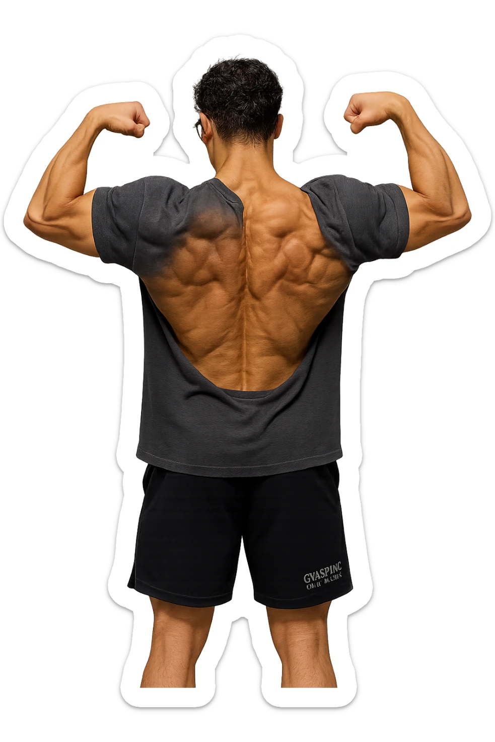 lascia questo ragazzo identico ma fallo in piedi di spalle con fasci muscolari della schiena contratti, senza macchinari, solo la sua figura, iperealistico 4k sticker