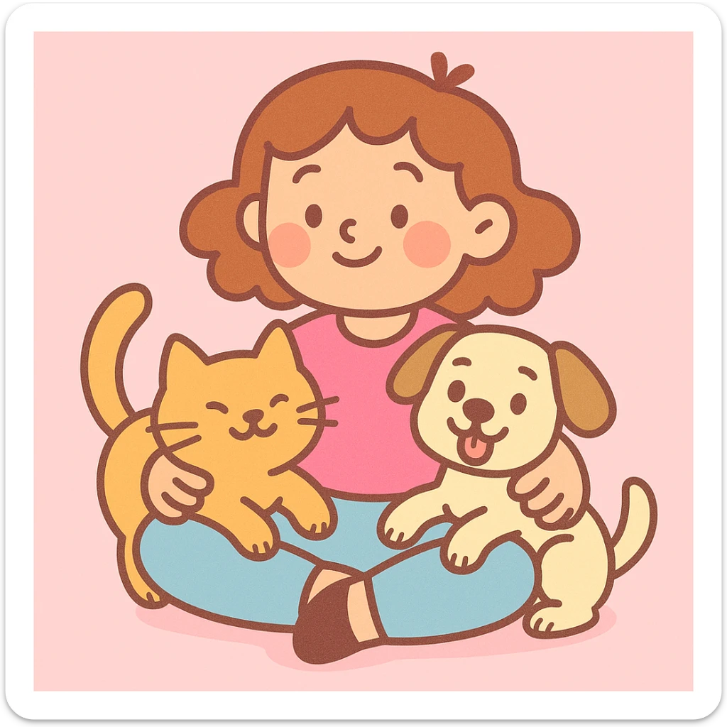 pastel toon style of a sweet little girl sitting with a cat and dog in her lap, gentle pastel colors, rounded features, charming and approachable sticker