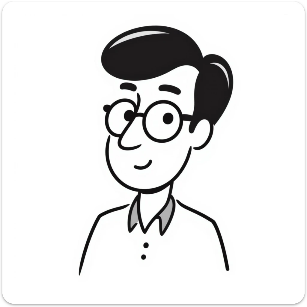 A man with an oval-shaped head, big forehead, receding hairline, dark hair, big dark eyebrows, long nose, wearing clear eyeglasses sticker