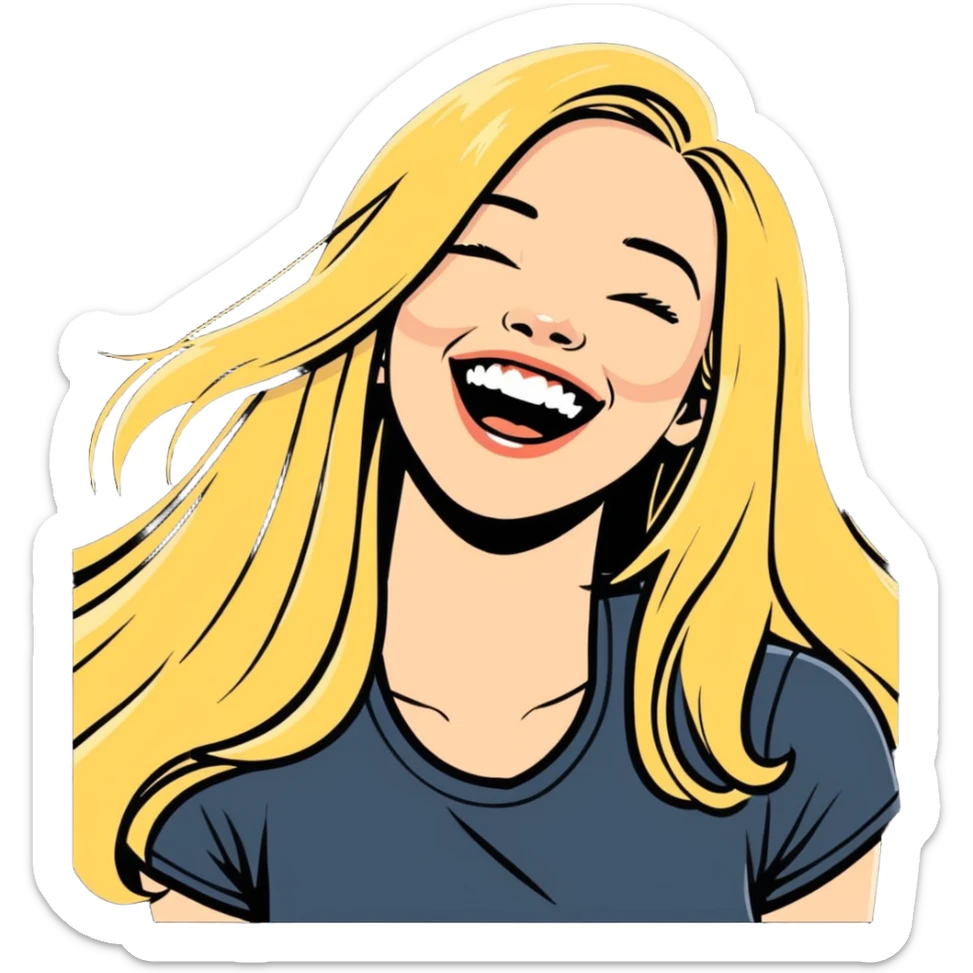 woman with long blonde hair, laughing, head thrown back, sticker style sticker