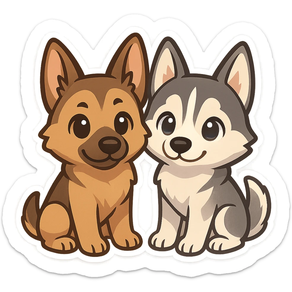 chibi sticker of two dogs, one German Shepherd and one Husky, sitting together, inspired by the reference photo sticker