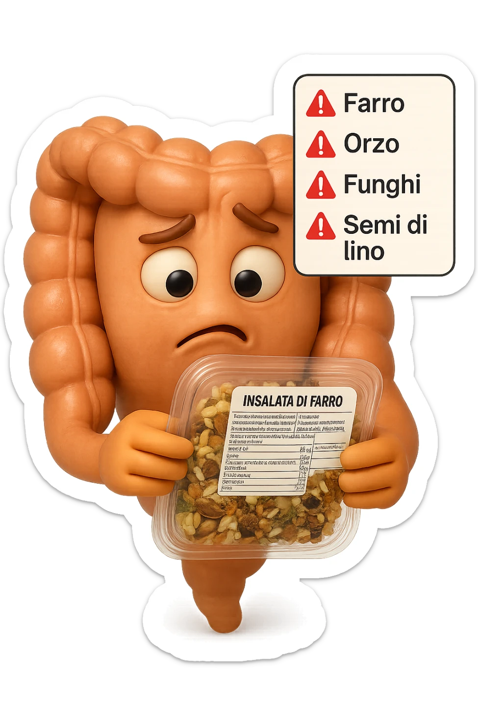 SU QUESTO STILE FAI UN EMOJI STILE IPHONE 3D DI UN INTESTINO CHE HA IN MANO UN insalata di farro mista CONFEZIONATa DA SUPERMERCATO E LEGGE L'ETICHETTA NUTRIZIONALE CON GLI INGREDIENTI IN ITALIANO, ACCANTO ALL'insalata CHE HA IN MANO C'è UN FOCUS SULL'ETICHETTA CON GLI INGREDIENTI SCRITTI, "Farro, orzo, funghi, semi di lino" accanto ad ogni nome scritto mettici un segnale di allarme, FAGLI UN ESPRESSIONE CONFUSA MENTRE LEGGE E FALLO MOLTO REALISTICO IN 3D sticker