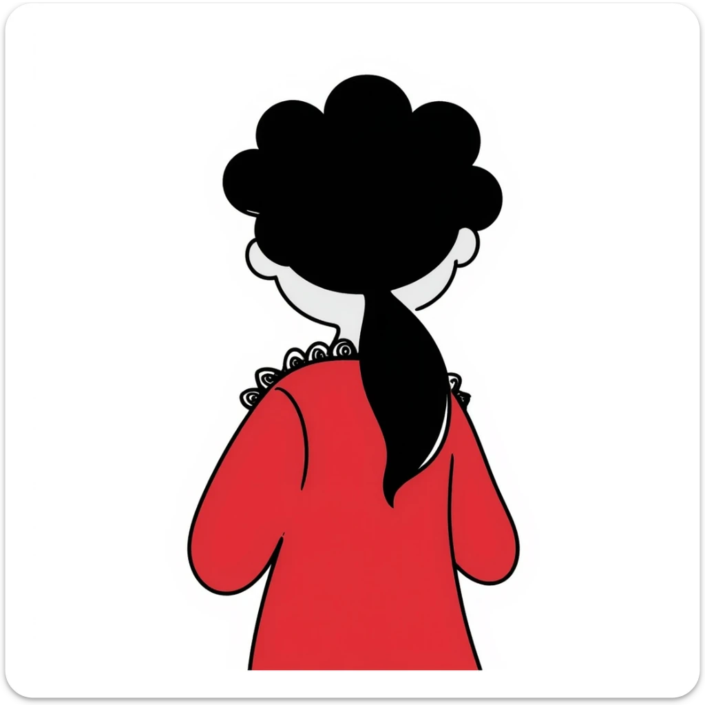 Girl from behind, wearing a red pajama with black and white lace, with curly black hair sticker