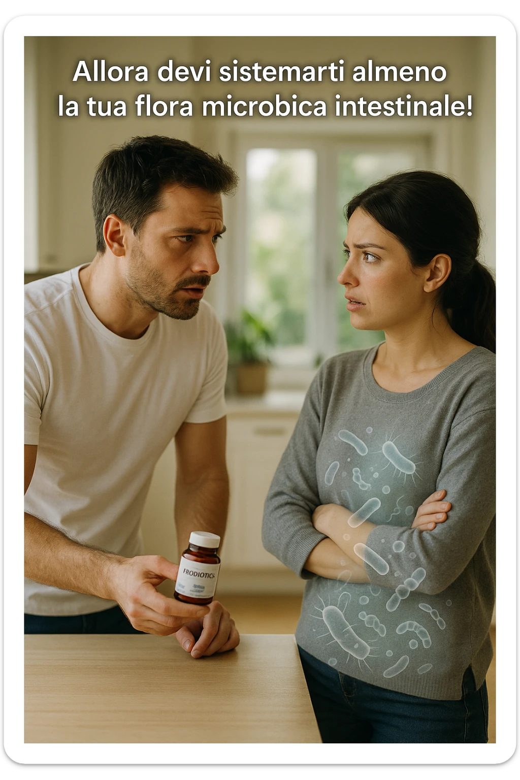 A hyper-realistic, cinematic photo of a young couple in their early 30s having a tense but calmer discussion in a bright modern kitchen. The man, fit, wearing a plain white T-shirt, holds a small probiotic supplement bottle in one hand, leaning slightly forward with a concerned yet firm expression, saying: 'Allora devi sistemarti almeno la tua flora microbica intestinale!' The woman, with dark hair in a loose ponytail, wearing a comfortable home sweater, stands with arms partially crossed, looking at him with a doubtful and confused expression, eyebrows slightly raised, lips parted as if about to respond but uncertain. Around them, faint translucent overlays of microscopic gut flora and bacteria symbols swirl softly near the woman’s abdomen, symbolizing the issue of her imbalanced gut microbiome. The kitchen is bathed in warm natural light, with green plants adding a sense of health and life, while the couple remains in sharp focus. The color palette is warm, with soft shadows and shallow depth of field highlighting the emotional tension yet care in the conversation, visually representing the discussion about gut health within the relationship sticker
