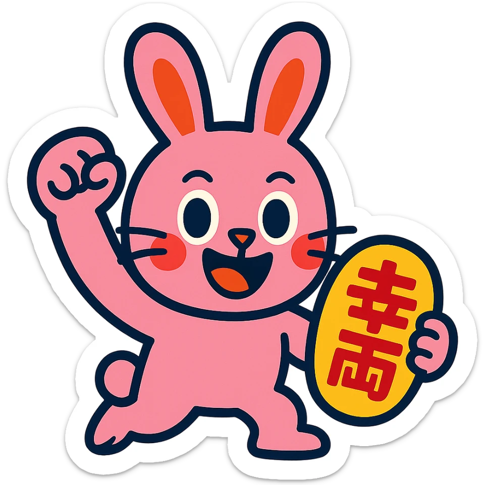 pink bunny holding lucky charm and pumping fist, vibrant-toon style sticker