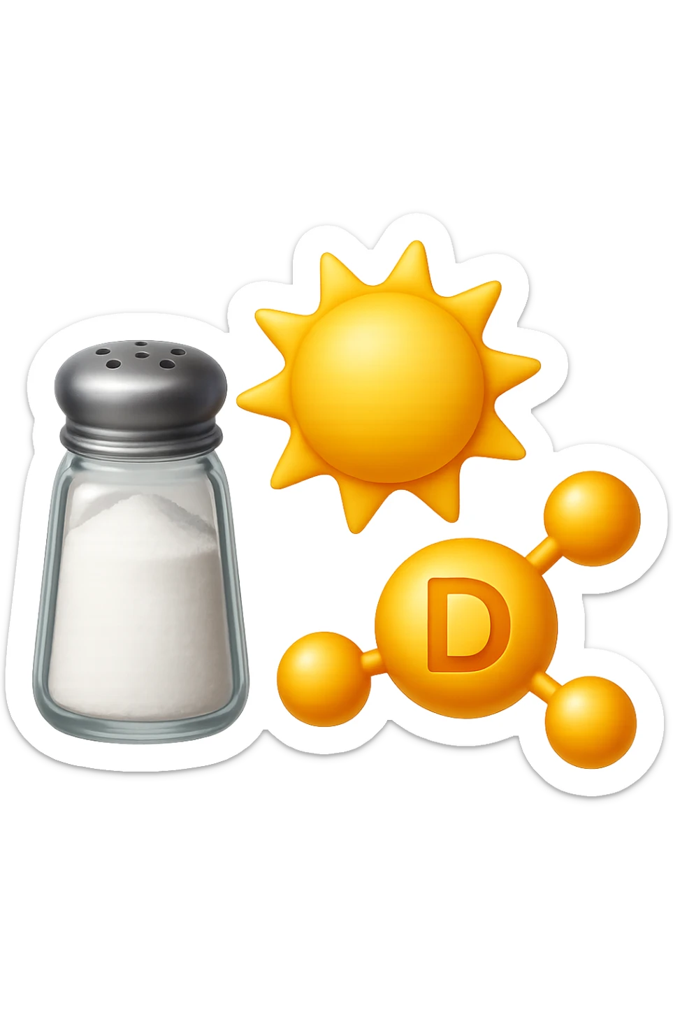 emoji stile iphone di una boccetta di sale, un sole, una particella chimica di VITAMINA D, IPERREALISTICO 4K sticker