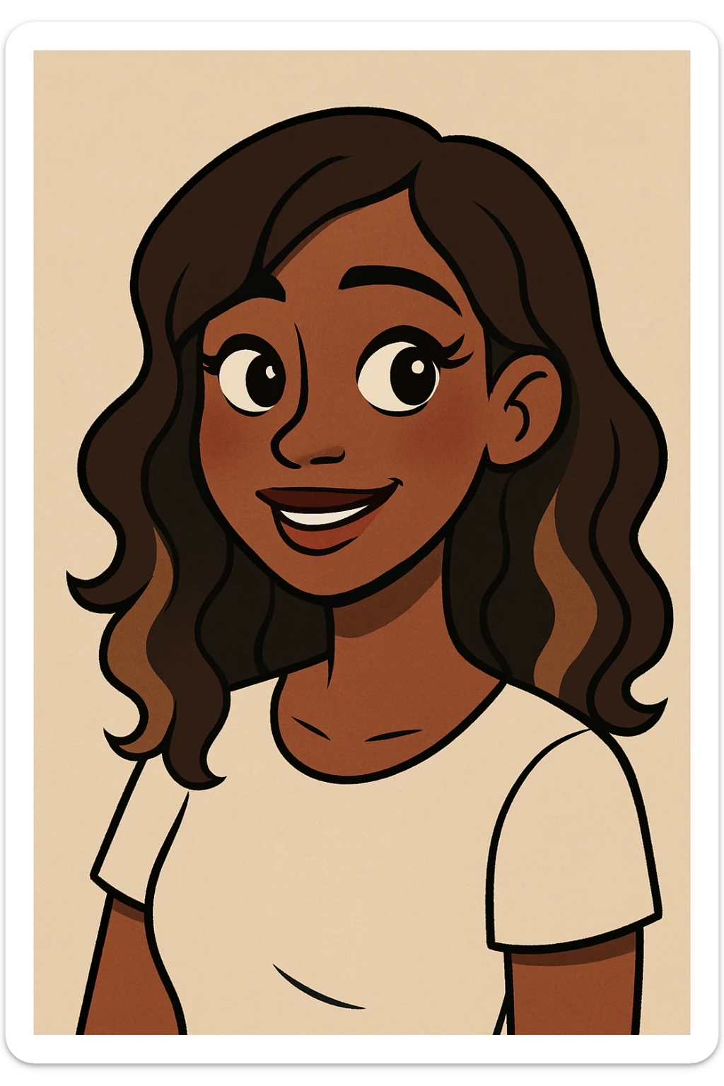 young woman with dark skin, brunette hair with caramel balayage, brown eyes, curled lashes, blush, in a soft cartoon style sticker