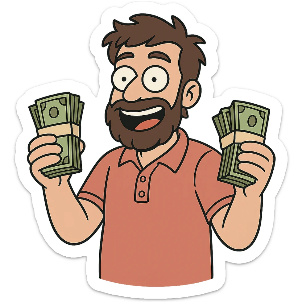 bearded brown-haired man in a polo shirt holding bundles of bills in western adult animation cartoon style sticker