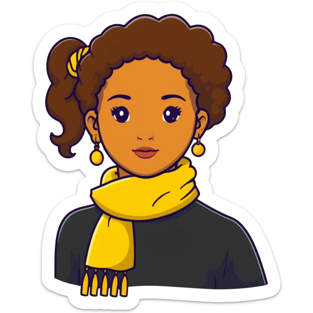 boho girl with brown skin, long curly brown hair tied high, lemon yellow scarf, round earrings sticker