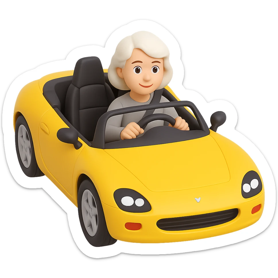 Make this mother with white hair driving a yellow sports car look 10% more realistic in the style of 3D Emoji, keep the 3D emoji style, no background. sticker