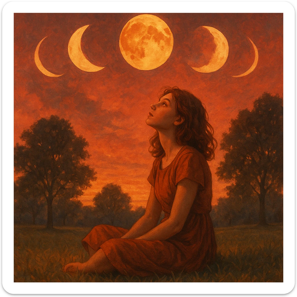 mujer sentada en el pasto en un parque, el cielo es rojizo, mirando hacia arriba, rodeada por las lunas de las 4 fases, ilustración artística detallada, colores cálidos y atmosféricos sticker
