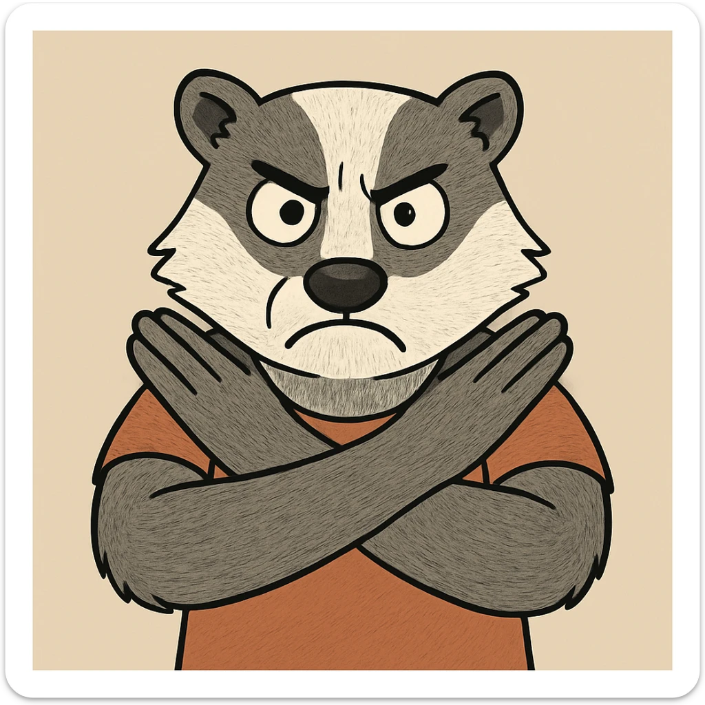 Transform the angry cartoon figure with arms crossed in an X into a badger character, maintaining the strong 'stop' gesture and cartoon style. Keep the figure's assertive and bold expression, but change the features to resemble a badger with characteristic markings and fur texture, while preserving the overall cartoon look. sticker