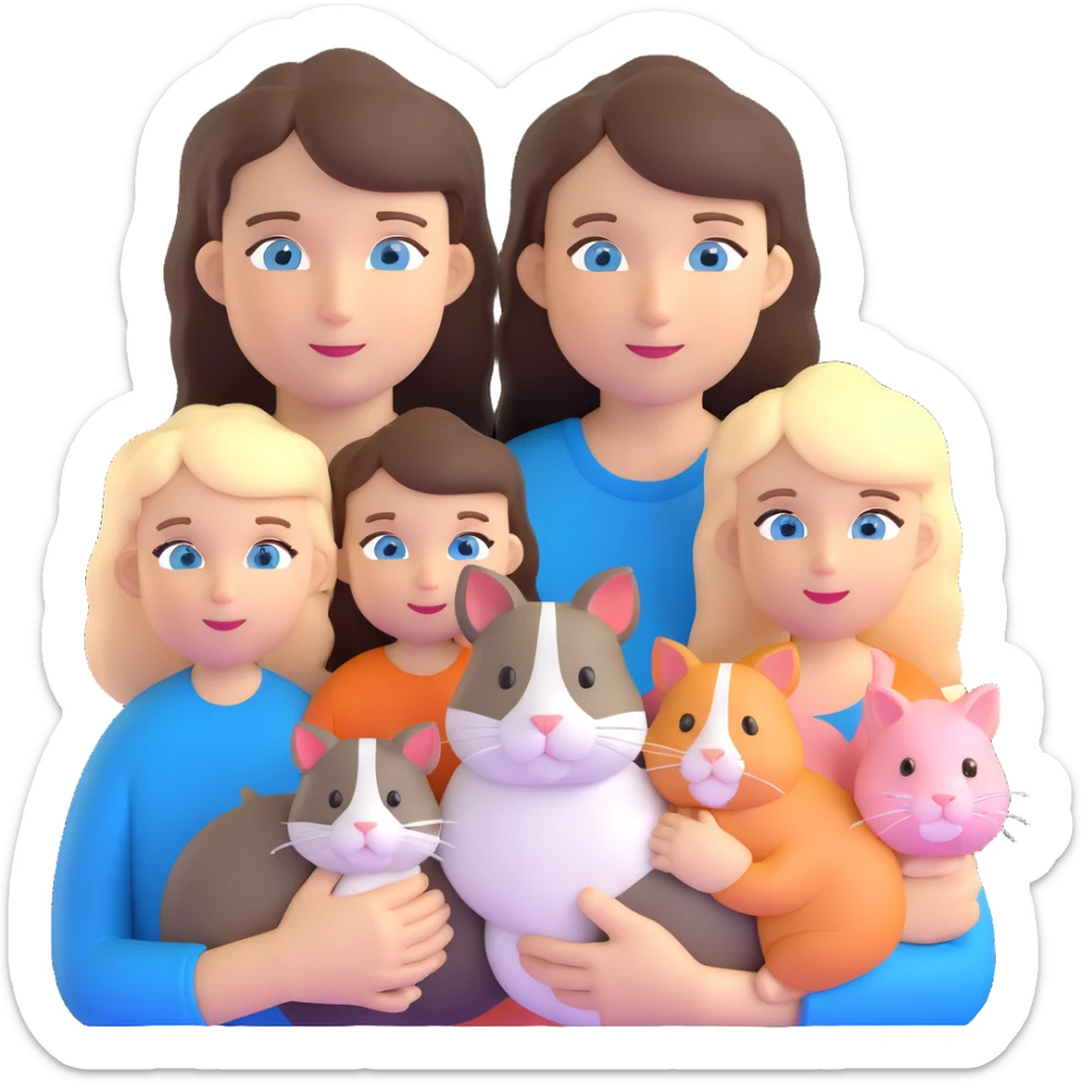 Family portrait with father with dark brown hair and blue eyes, mother with light brown hair and blue eyes, three blonde little girls with blue eyes, plus a cat and two guinea pigs sticker