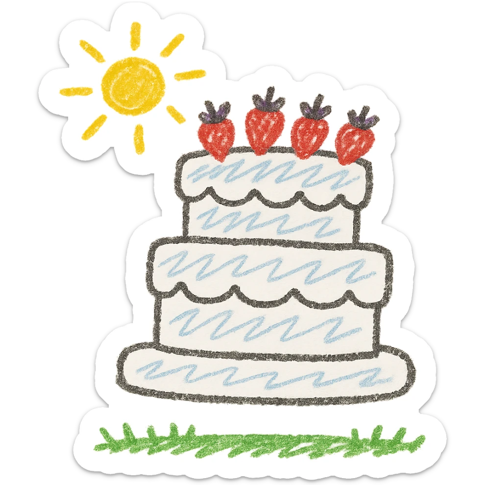 tiered white cake with strawberries on top, fun and festive, children doodle style sticker
