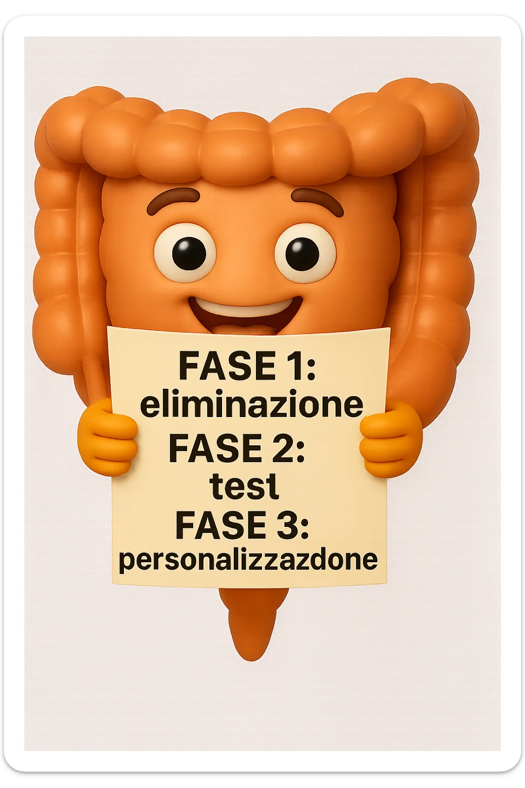emoji stile iphone 3d di un intestino che tiene in mano un foglio con la scritta "FASE 1: eliminazione, FASE 2: test, FASE 3: personalizzazione, IPERREALISTICO 4K sticker