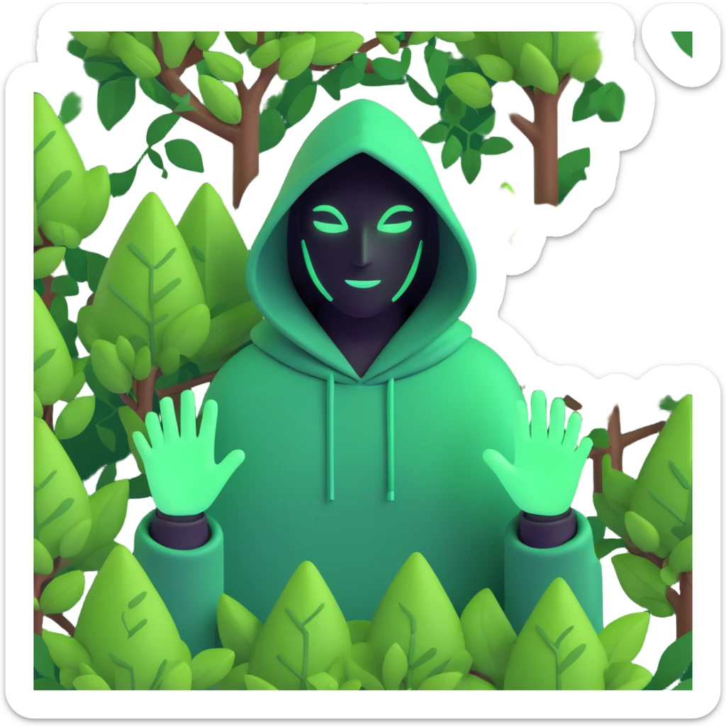 hooded figure with glowing green hands, surrounded by small trees, leaves, or vines sticker