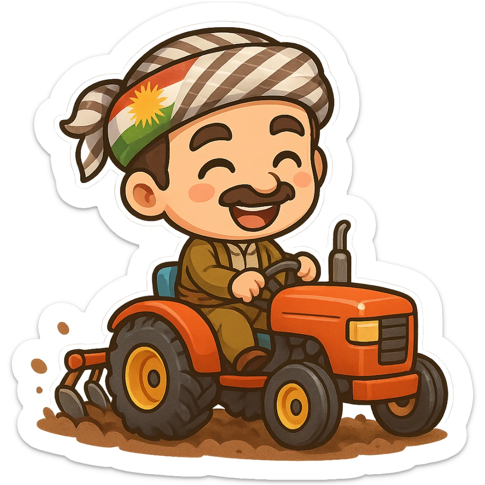 chibi cartoon sticker of a cheerful Kurdish farmer plowing the land with a tractor, colorful style sticker