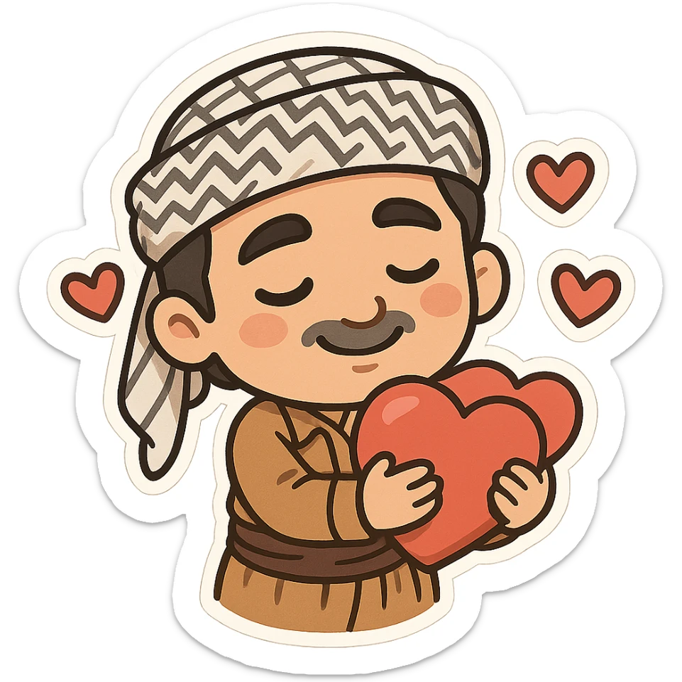 Kurdish man or woman in jamadani, cartoon style, hugging a heart or with floating hearts around, loving expression, no text sticker