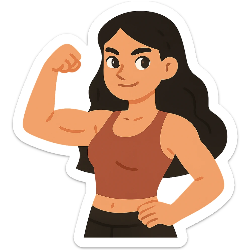 flat toon style strong girl with brown eyes, flesh-colored skin, long slightly wavy black hair sticker