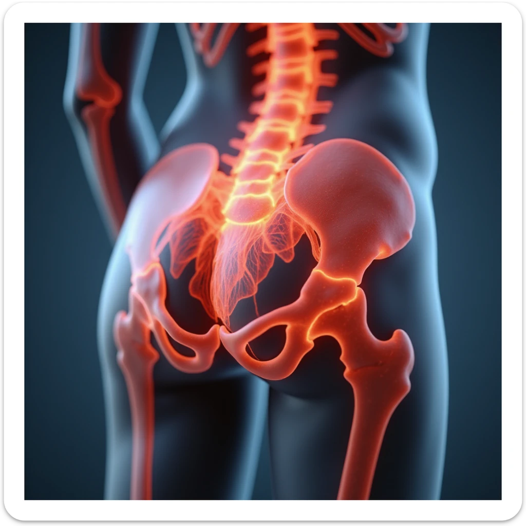 Anatomical view of piriformis muscle on a woman, highlighted in red in the gluteal region, bones and other muscles visible in transparency, lateral view, hyperrealism 4K, white background sticker