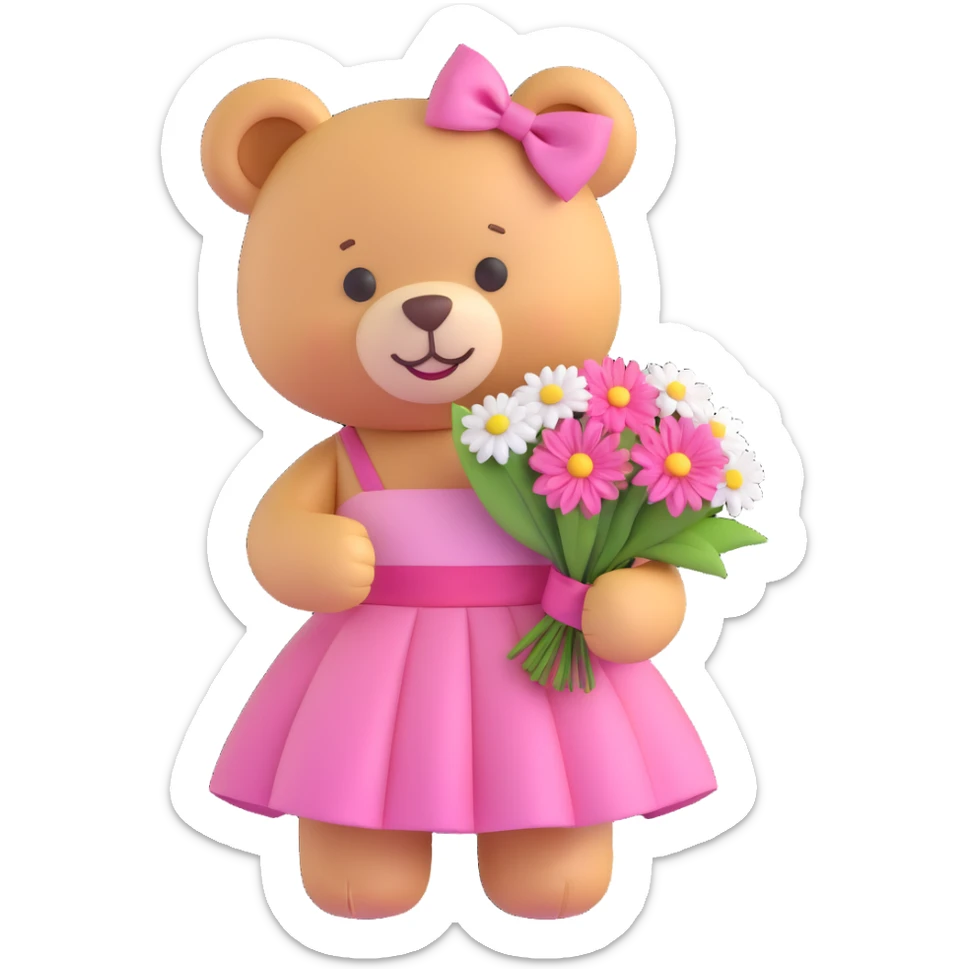 A cute teddy bear with a pink bow on its head, holding a bouquet of white flowers, in a 3D iOS Disney style, with a soft pink background and hearts floating around, wearing a pink dress and a big smile. sticker