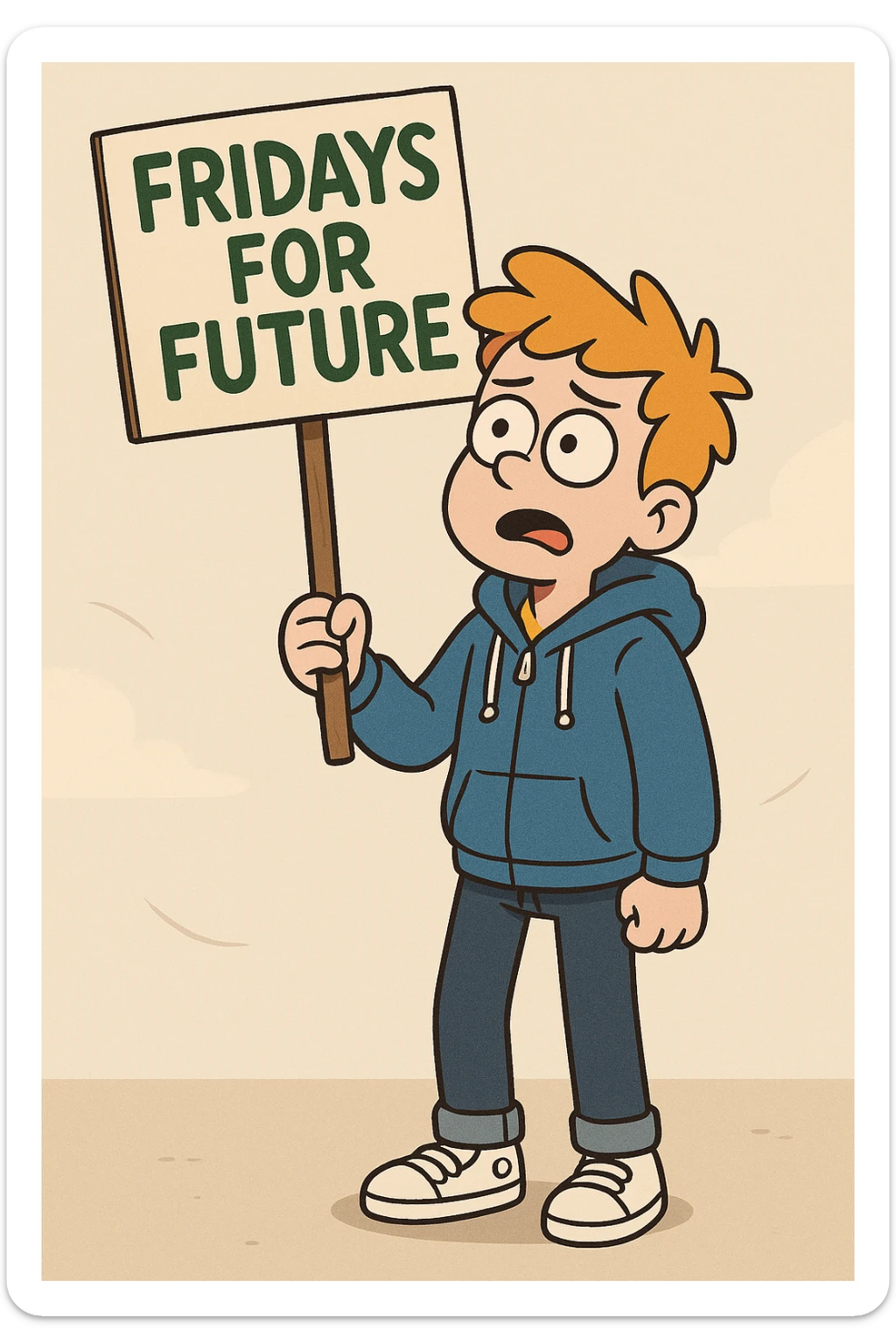  Fridays for Future a boy Yellow Orange hair shirts blue jackets hoodie dark blue jeans white shoe  sticker