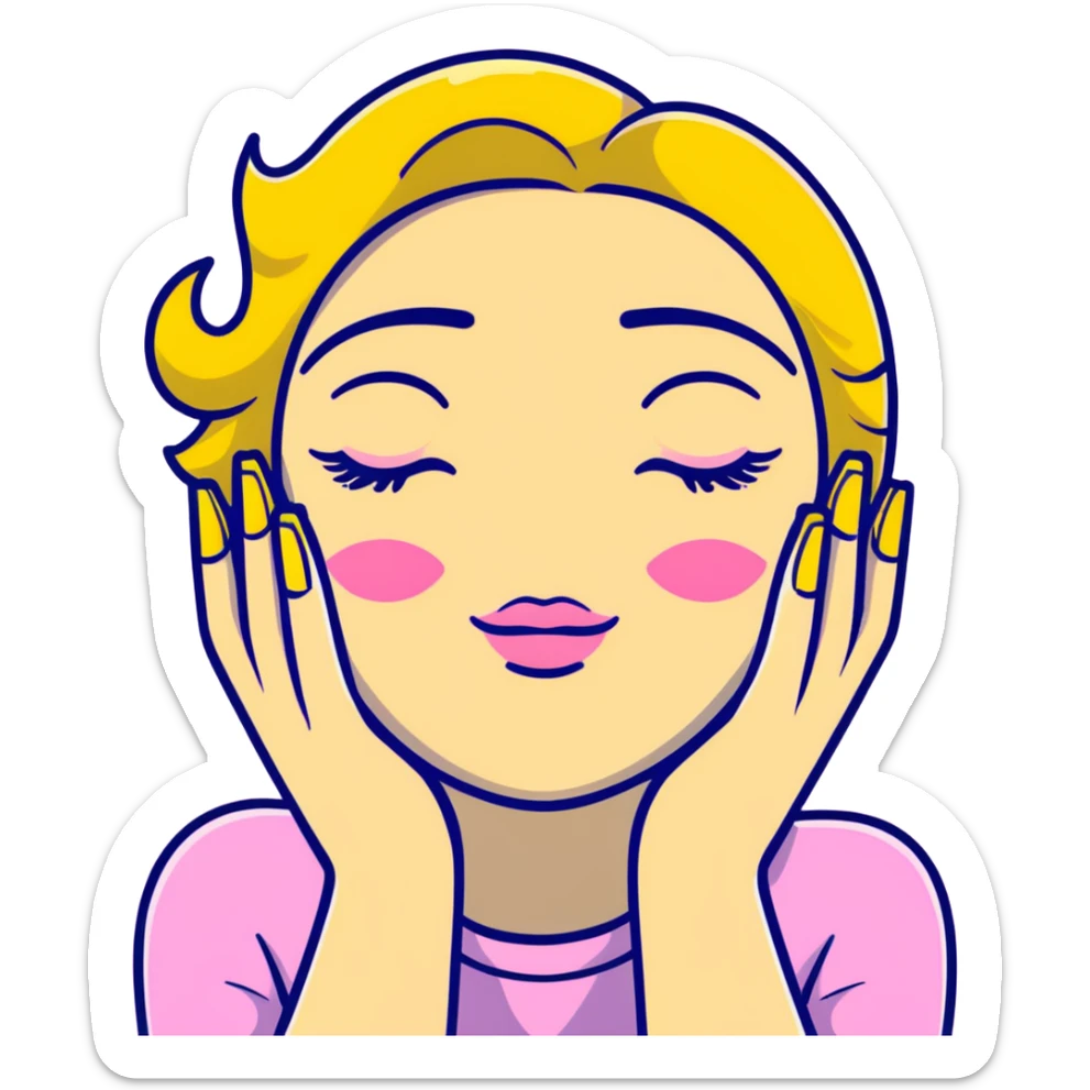 cartoon sticker of a yellow nodding face, closed eyes with big lashes, full lips, hands with long pink nails sticker