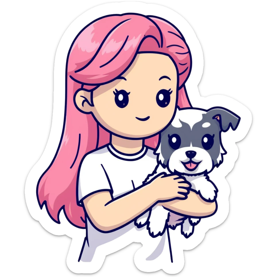 Girl with long flowing pink hair holding a white schnauzer dog sticker