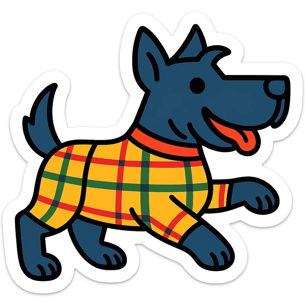 Change the tartan colorway of Scotty the Scottish Terrier mascot to a different tartan pattern, keep the energetic pose and modern icon style, no background. sticker