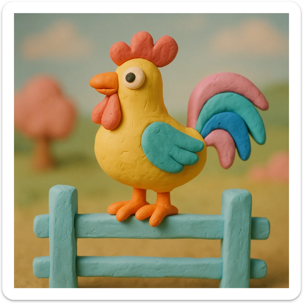 rooster standing on a fence, pastel colors, visible fingerprints, playful and textured in claymation style sticker